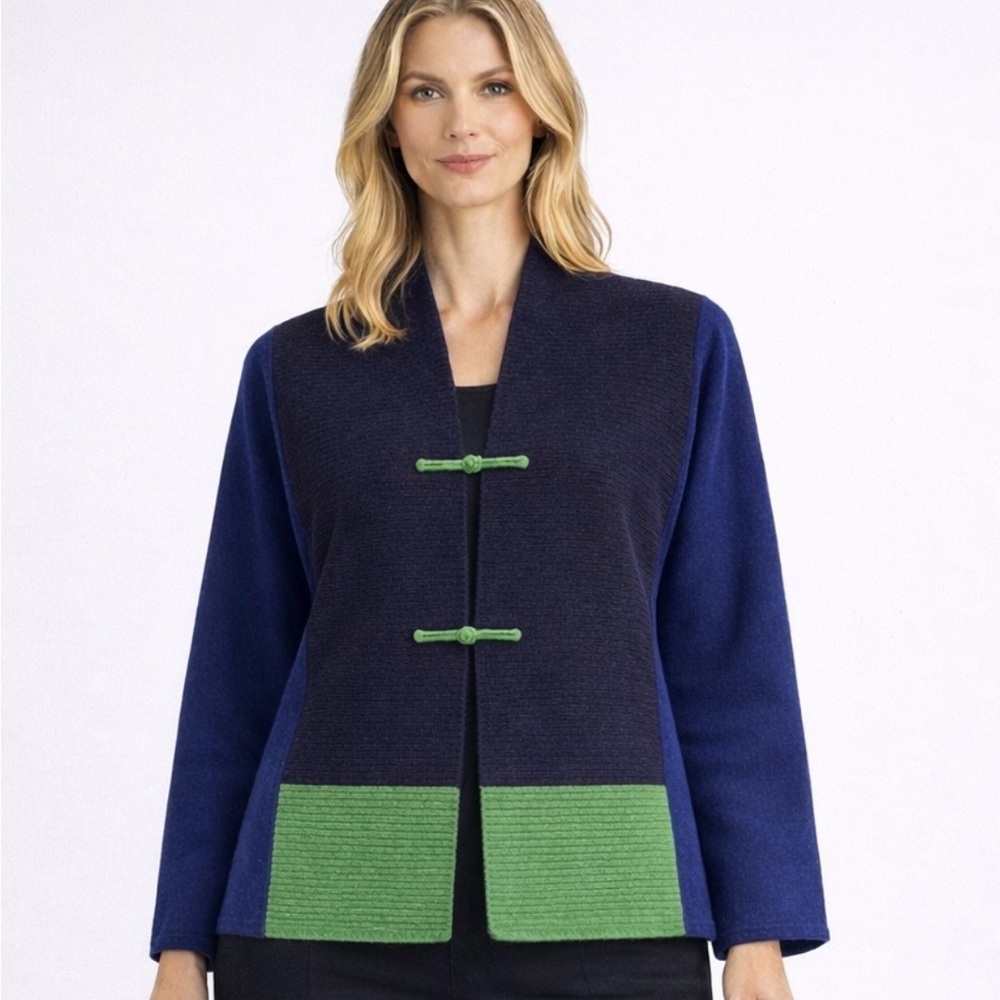 Shanghai Tang Wool Cashmere Frog Closure Colorblock Cardigan 46 / XL NWT